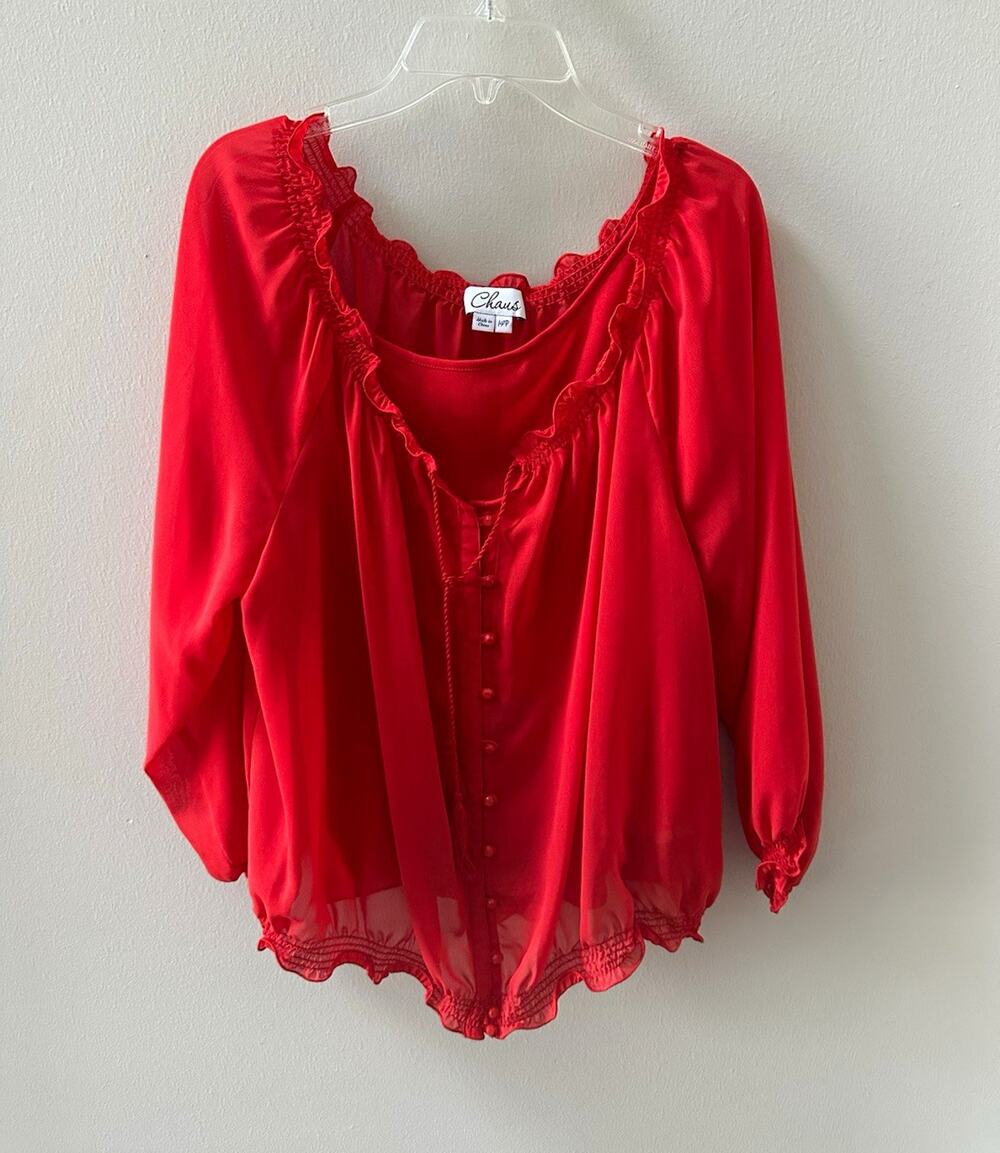 Chaus Petites Red Sheer Ltweight Chiffon Ruffle Button Blouse Scoop 3/4 sleeve